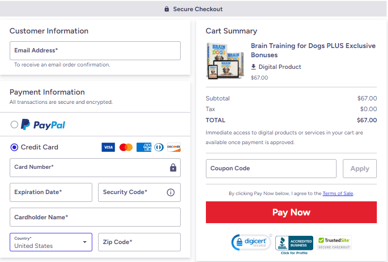 Brain Training For Dogs checkout page 