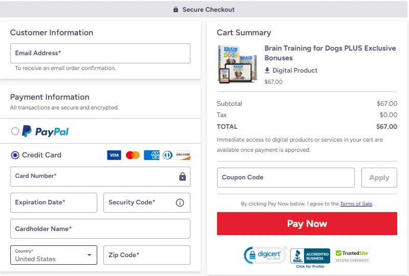Brain Training For Dogs secure checkout page